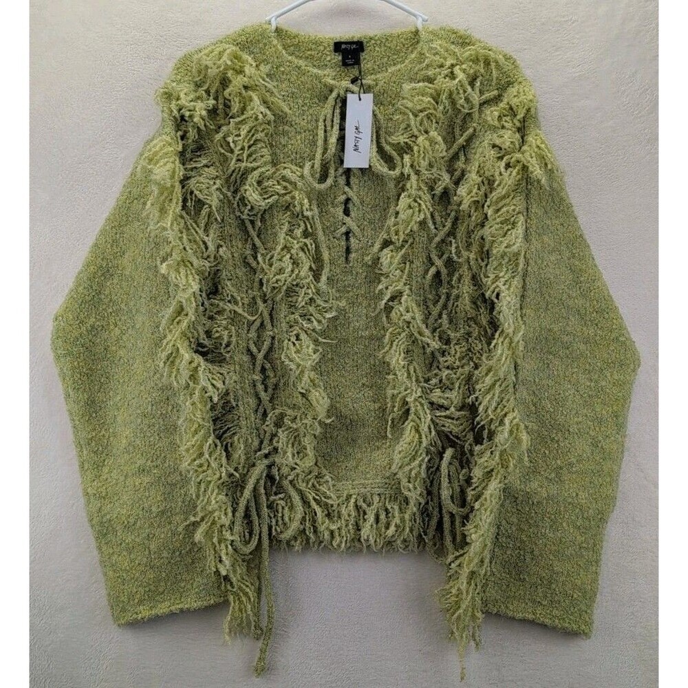 NASTY GAL Knitted Fringe Long Sleeve Pullover Lace Up Front Sweater NWT Small
